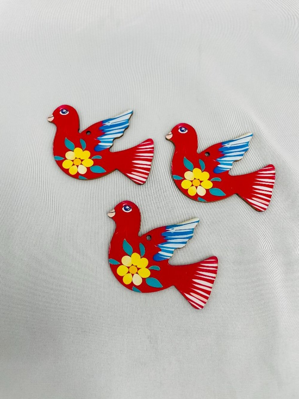 Handcrafted Red Flat Wooden Birds with Yellow Flower Design